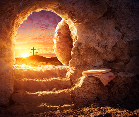 Empty Tomb With Crucifixion At Sunrise - Resurrection Concept
