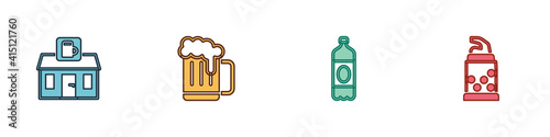 Set Store building of beer shop, Wooden mug, Plastic bottle and Bottle opener icon. Vector.
