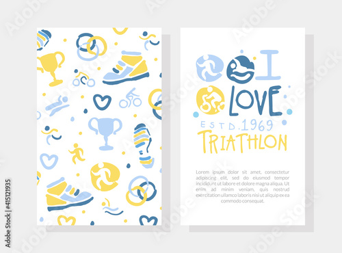 I Love Triathlon Card Template, Marathon, Competition, Championship, Sports Club Invitation, Banner, Poster, Logo Hand Drawn Vector Illustration