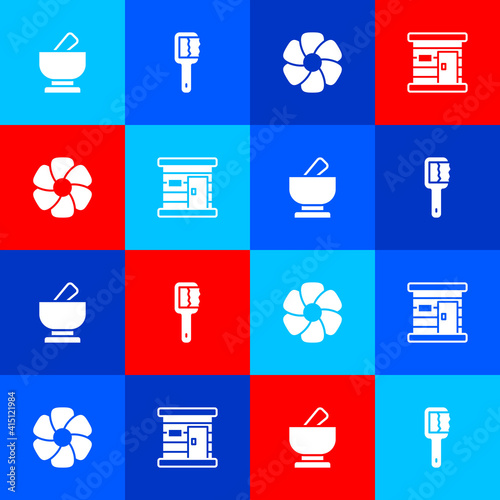 Set Mortar and pestle, Sauna brush, Flower and wooden bathhouse icon. Vector.