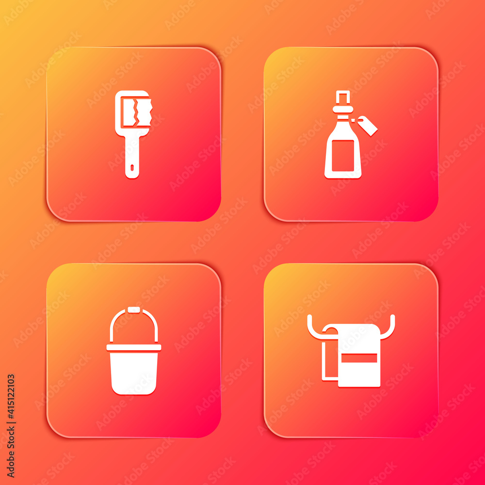 Set Sauna brush, Essential oil bottle, bucket and Towel on hanger icon. Vector. Set Sauna brush, Essential oil bottle, bucket and Towel on hanger icon. Vector.