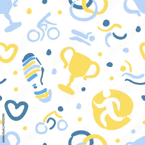 Triathlon Seamless Pattern, Sports Club Endless Repeating Print Can be Used for Background, Wallpaper, Textile, Packaging Hand Drawn Vector Illustration