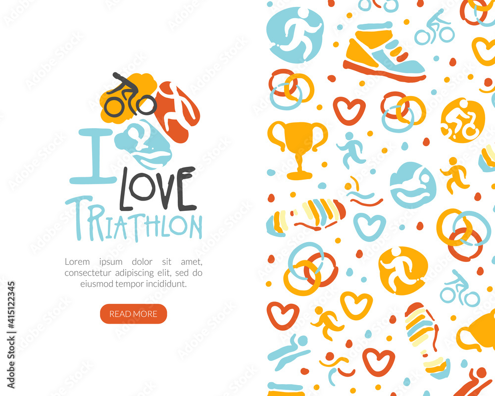 I Love Triathlon Landing Page Template, Marathon, Competition, Championship, Sports Club Homepage, Website Interface Vector Illustration