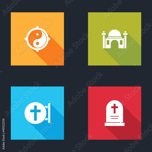 Set Yin Yang, Muslim Mosque, Christian cross and Tombstone with icon. Vector.