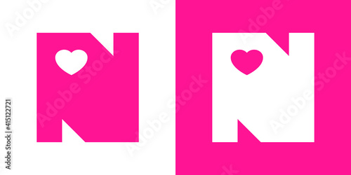 Logotipo con letra inicial N con corazón en fondo rosa y fondo blanco