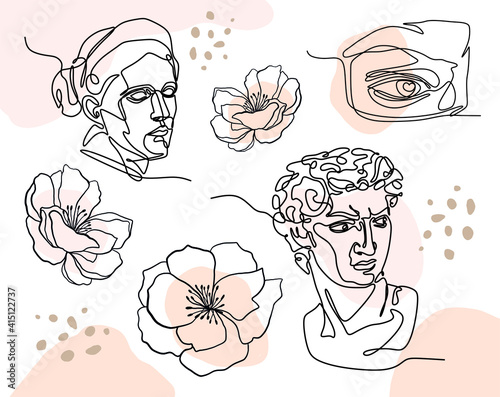 drawing of ancient sculptures and gods, drawing with one line, ancient greek elements, ancient rome and greece, art and history, sculpture, vector illustration