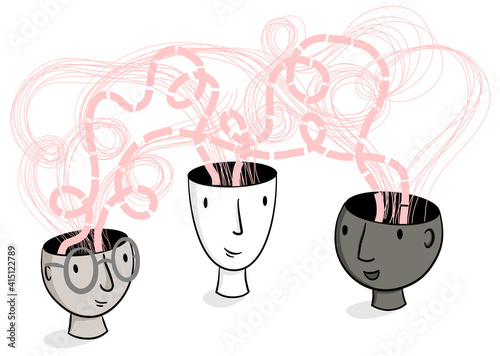 Head Spaces – Line illustration of hand-drawn heads with ideas and thoughts raising from their heads. Creativity, brainstorming, collaboration, inspiration