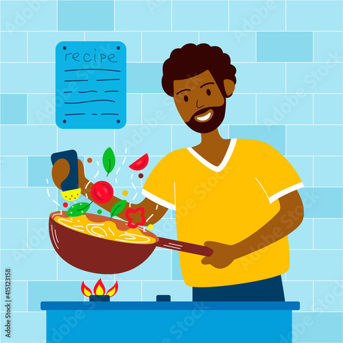 Young cheerful african-american man cooks at home in the kitchen. The guy salts food in a wok pan. Husband's household chores. Concept for stay-at-home dad doing domestic chores. Vector illustration