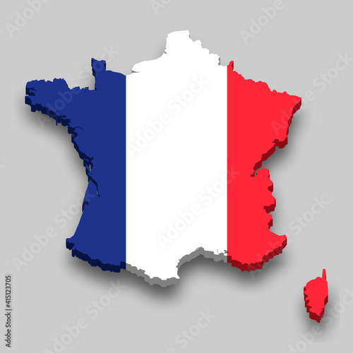 3d isometric Map of France with national flag.