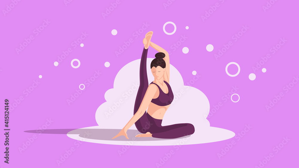 A young woman is doing yoga on a pink background.
