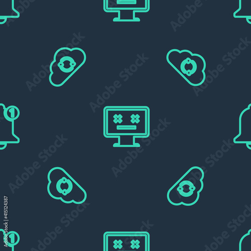 Set line Dead monitor, Cloud sync refresh and Bell on seamless pattern. Vector.