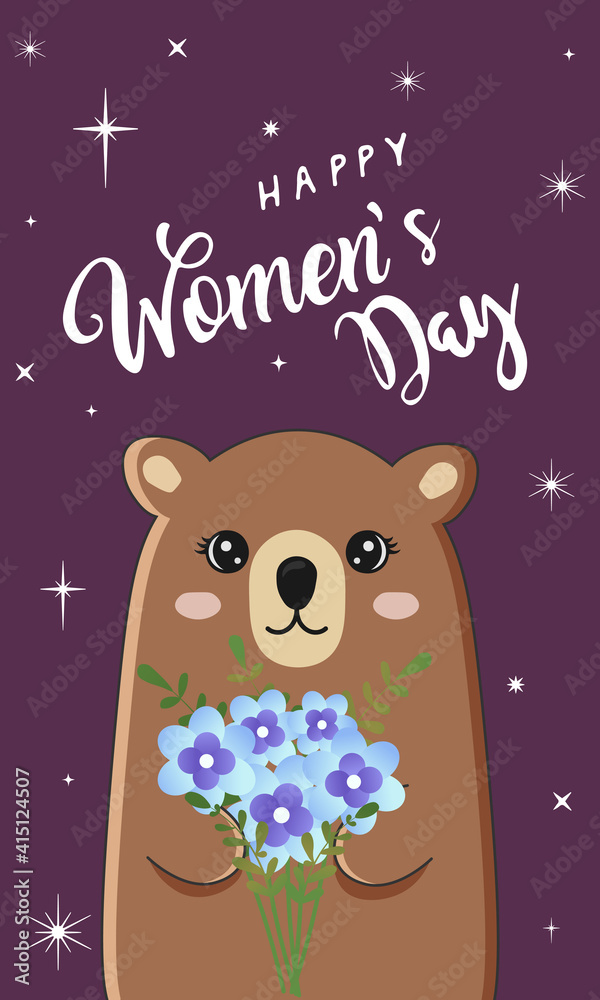 Fototapeta premium Cute bear holding bouquet. Funny animal. Happy Women's Day.