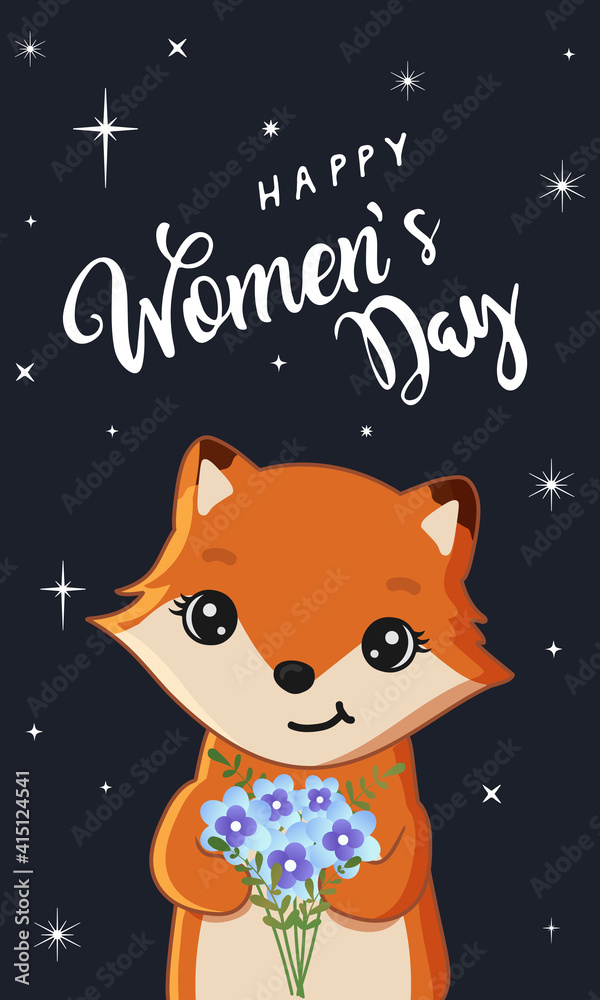 Cute fox holding bouquet. Funny animal. Happy Women's Day.