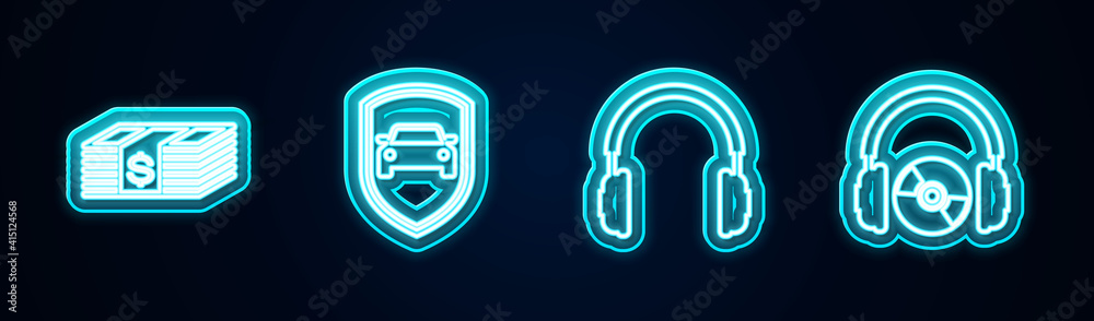 Set line Paper money dollars cash, Car protection or insurance, Headphones and and CD DVD. Glowing neon icon. Vector. Set line Paper money dollars cash, Car protection or insurance, Headphones and and CD DVD. Glowing neon icon. Vector.