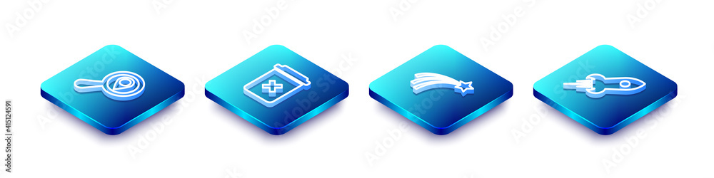 Set Isometric line Search location, Trash can, Falling star and Rocket ship with fire icon. Vector. Set Isometric line Search location, Trash can, Falling star and Rocket ship with fire icon. Vector.