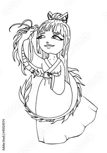 Young Chinese woman in traditional festive outfit with an oriental dragon. Vector contour illustration for coloring.
