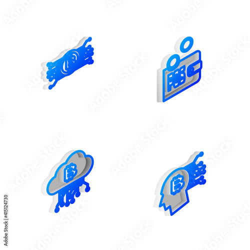 Set Isometric line Proof of stake, Cryptocurrency bitcoin in circuit, cloud mining and Bitcoin think icon. Vector.