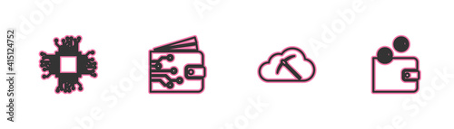 Set line Processor, Cryptocurrency cloud mining, wallet and icon. Vector.