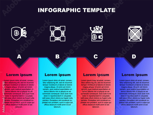 Set line Shield with bitcoin, Blockchain technology, Cryptocurrency wallet and ASIC Miner. Business infographic template. Vector.