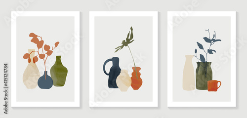 Botanical and vase wall art vector set. Floral and Foliage in bottle line art drawing with  abstract shape.  Abstract Plant Art design for print, cover, wallpaper, Minimal and  natural wall art.