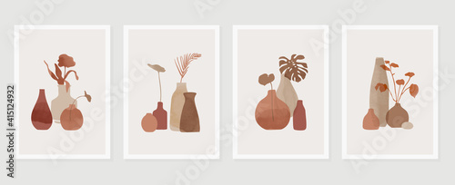 Botanical and vase wall art vector set. Floral and Foliage in bottle line art drawing with  abstract shape.  Abstract Plant Art design for print, cover, wallpaper, Minimal and  natural wall art.