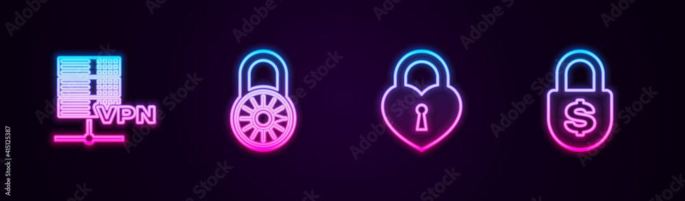Set line Server VPN, Safe combination lock wheel, Castle the shape of heart and Money. Glowing neon icon. Vector. Set line Server VPN, Safe combination lock wheel, Castle the shape of heart and Money. Glowing neon icon. Vector.
