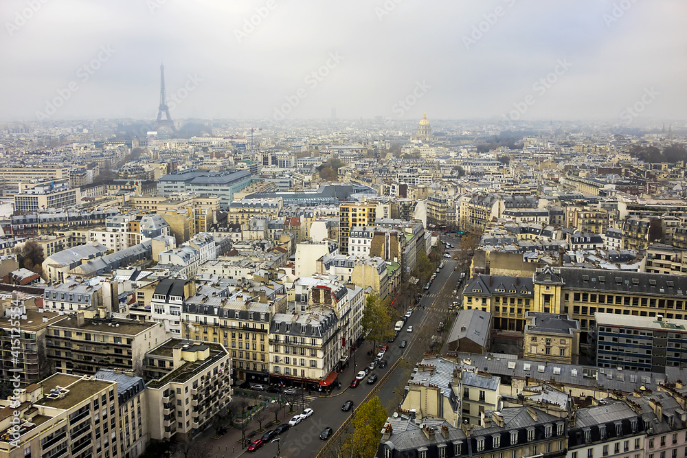 Aerial view of Paris on a foggy day. France.