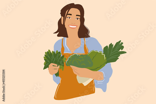 Portrait of pretty smiling woman with fresh broccoli, roman salad, basil on the kitchen with steam on background. Healthy green vegetable concept. Close up. Vector illustration