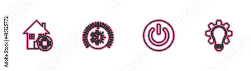Set line Smart home, Power button, Thermostat and Light bulb and gear icon. Vector.