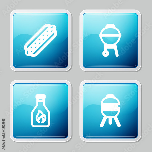 Set line Hotdog sandwich, Barbecue grill, Ketchup bottle and icon. Vector.