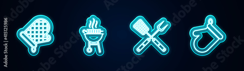 Set line Oven glove, Barbecue grilled shish kebab, Crossed fork and spatula and . Glowing neon icon. Vector.