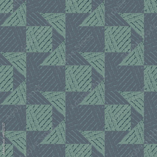 Vector geometric triangle square tile textured seamless pattern background.Monochrome teal grey backdrop triangular and rectangular shapes with grunge texture. Midcentury modern mosaic block repeat