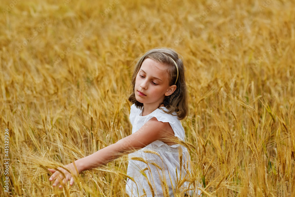 Portrait of a girl in a wheat field. He walks and strokes the ears with his hands. Portrait of a girl in a wheat field. He walks and strokes the ears with his hands.