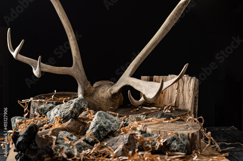 Deer antlers, hay, stones and wood on a black background. The decor of the hunting lodge. Deco hunting establishment. photo