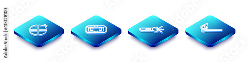 Set Isometric line Canteen water bottle, Rafting boat, Flashlight and Burning match with fire icon. Vector.