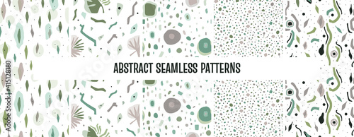 Abstract seamless pattern set. Collection of geometric backgrounds with floral elements. Aesthetic vector design for wallpaper, wrapping paper, fabric, cards, brand identity. For print and web use.