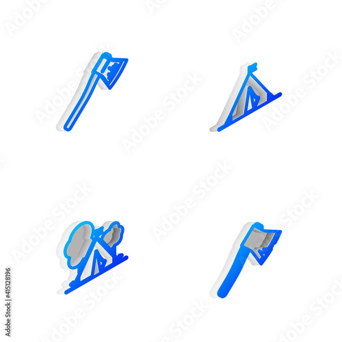 Set Isometric line Tourist tent with flag, Wooden axe, and Old wooden icon. Vector.