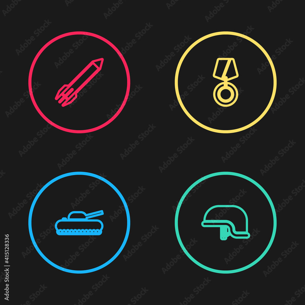 Set line Military tank, helmet, reward medal and Rocket icon. Vector. Set line Military tank, helmet, reward medal and Rocket icon. Vector.