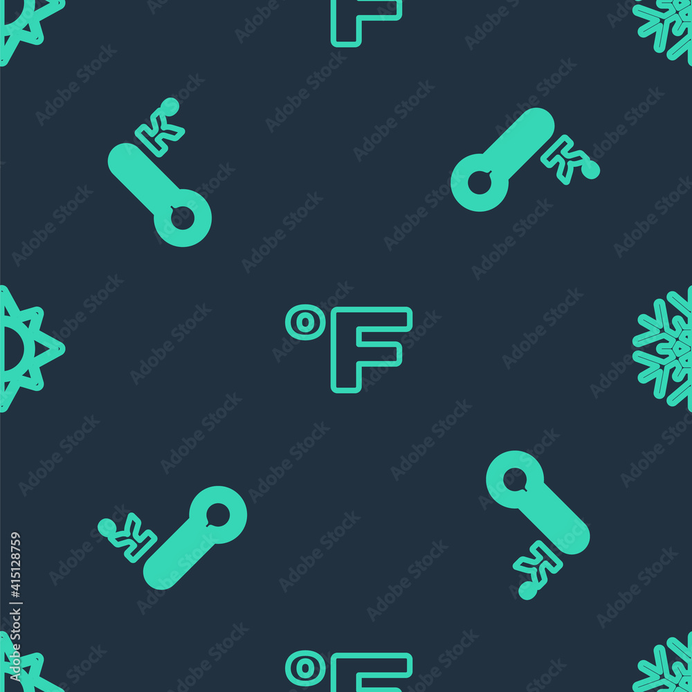 Set line Fahrenheit, Meteorology thermometer and Sun and snowflake on seamless pattern. Vector.