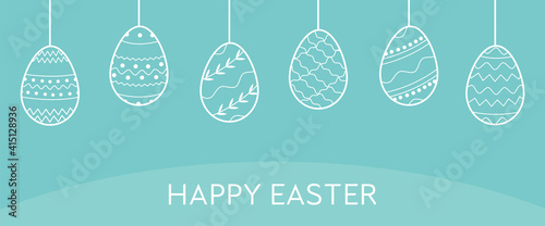 Festive horizontal banner template with trendy outline geometric pattern on Easter Eggs in doodle style. Decorative raw of eggs with ornaments on blue background. Vector poster for holiday celebration