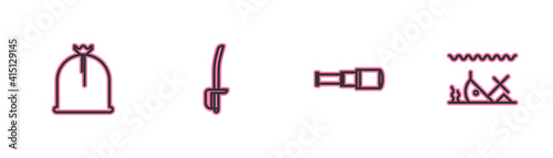 Set line Pirate sack, Spyglass telescope lens, sword and Sunken ship icon. Vector.