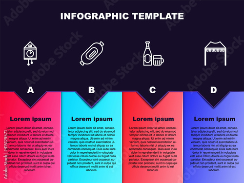 Set line Retro wall watch, Salami sausage, Beer bottle and glass and Camping tent. Business infographic template. Vector.