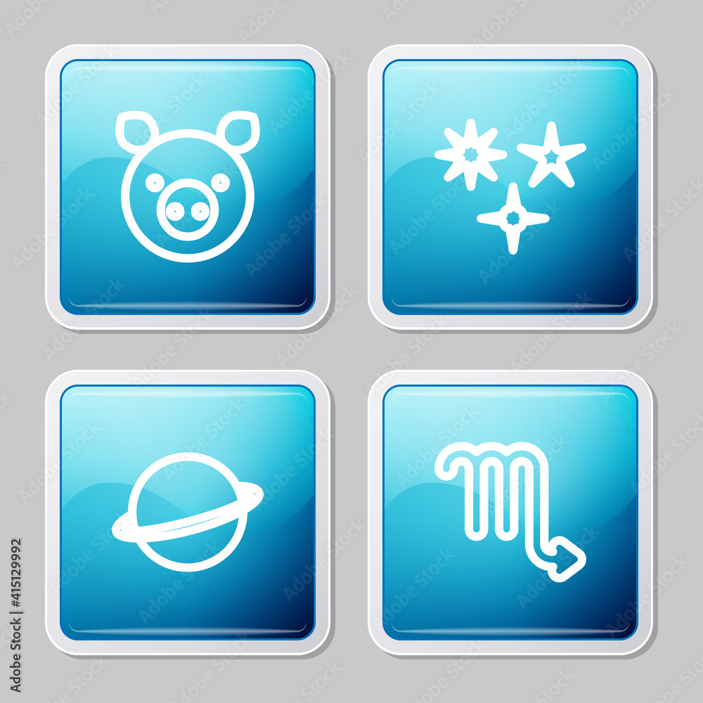 Set line Pig zodiac, Falling star, Planet Saturn and Scorpio icon. Vector. Set line Pig zodiac, Falling star, Planet Saturn and Scorpio icon. Vector.