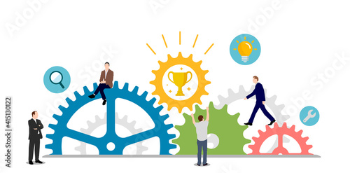 Business success ( trophy ) concept vector illustration. Gear wheel and people.