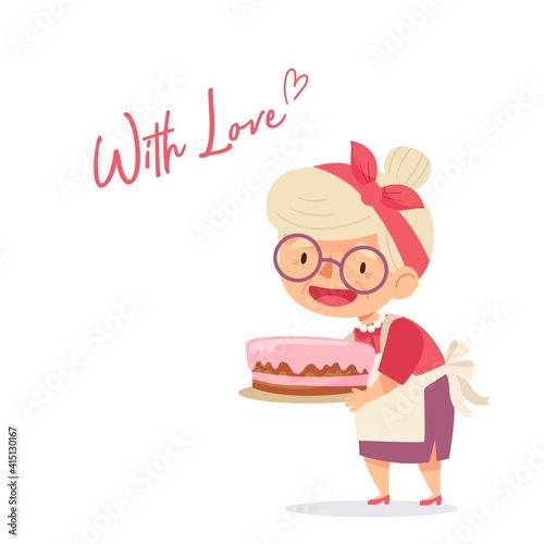 Grandmother in an apron with a cake. Grandma is cooking. Funny characters isolate on white background. Vector illustration.