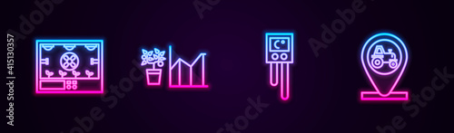 Set line Smart farming technology, Flower statistics, Temperature and humidity sensor and Tractor location. Glowing neon icon. Vector.