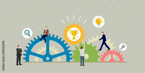 Business success ( trophy ) concept vector illustration. Gear wheel and people.