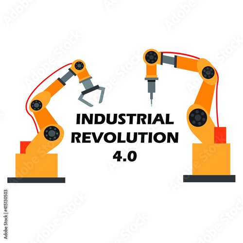 A vector of robotic arm with Industrial Revolution 4.0 on white background.