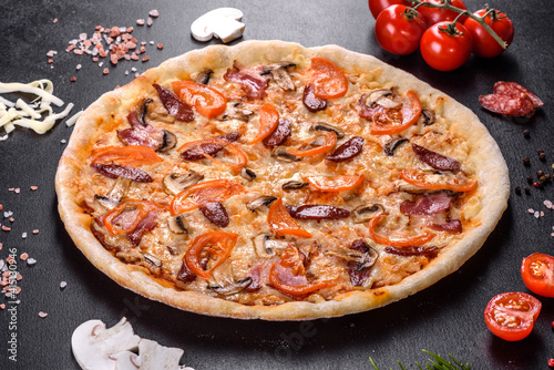 Fresh delicious pizza made in a hearth oven with tomatoes, sausage and mushrooms