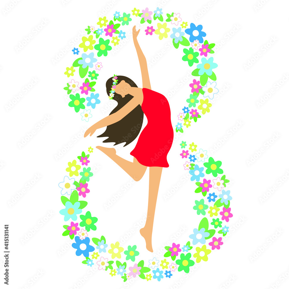 Girl in a red dress and a flower wreath on her head, flower frame in the form of number 8 Girl in a red dress and a flower wreath on her head, flower frame in the form of number 8